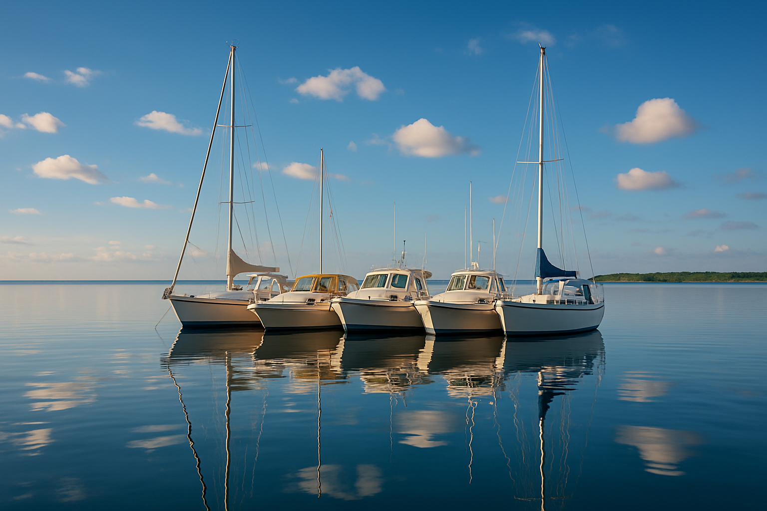 A group of boats rafter together on calm waters on a beautiful day